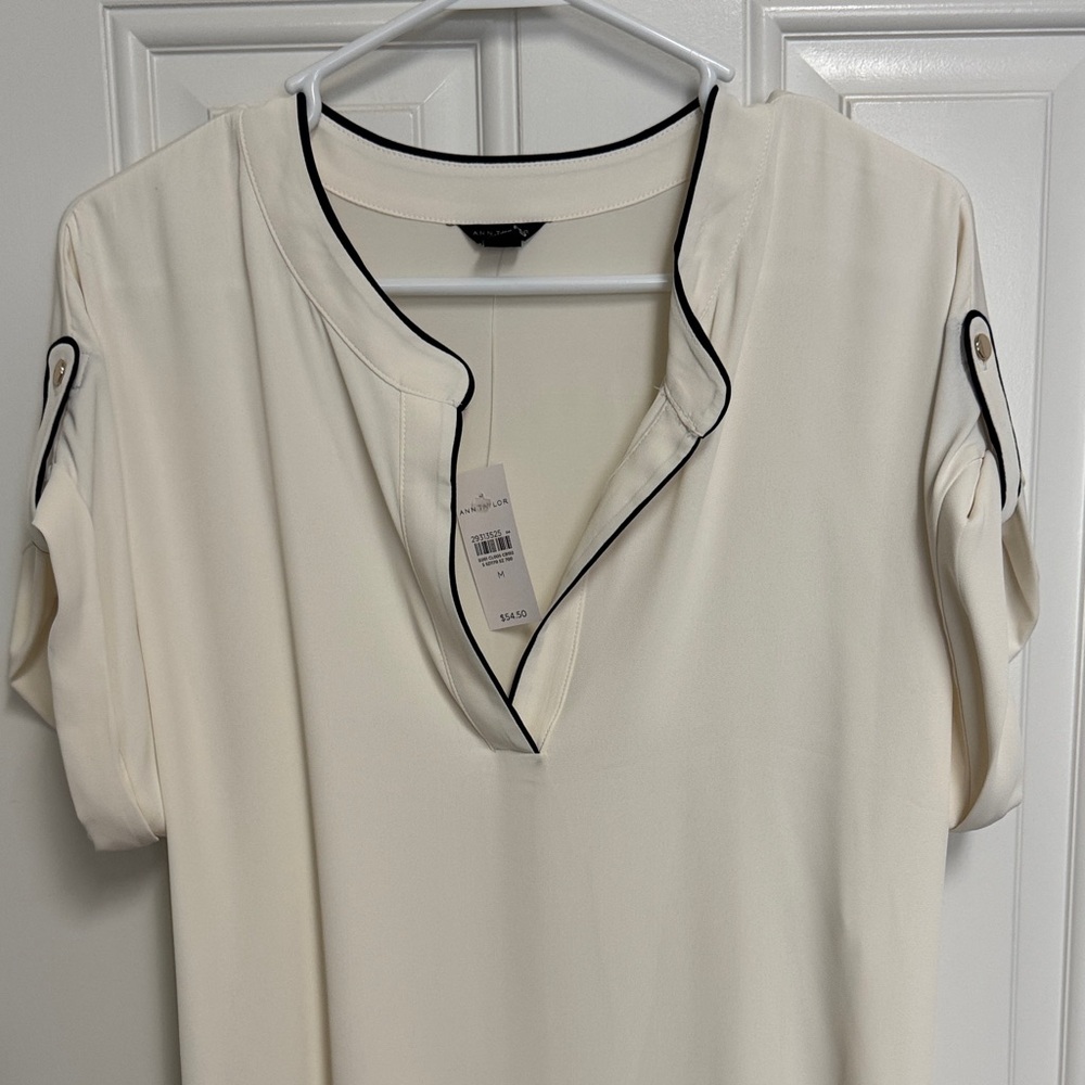 Ann Taylor Cream Blouse with Black Trim
